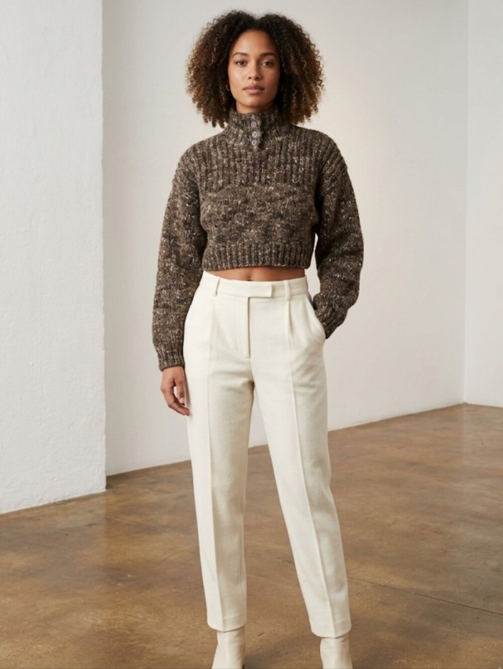 Vtg brown marled chunky knit cropped sweater L DD Sloane
